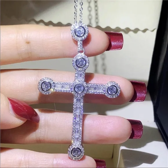 New Luxury 925 Silver Beautiful Cross For Men Women Diamond Necklace - Picture 12 of 15